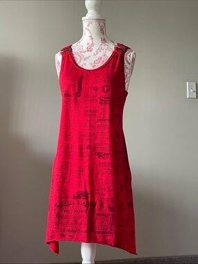 Sleeveless Red Tunic Dress with Newspaper Printed Detail and Wood Accents